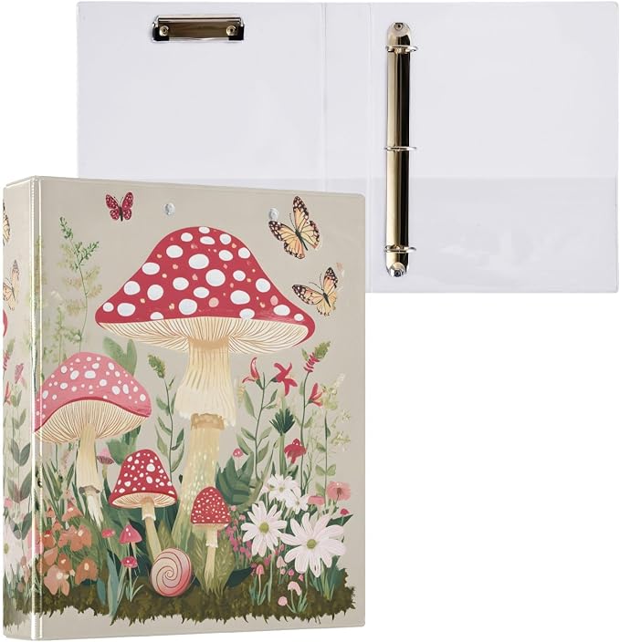 ALAZA 3 Ring Binder Doodle Mushrooms Butterflies Clipboard Round Ring Binder Holds 1.5 Inch Three Ring Binder Heavy Duty Ring Binders for Office Supplies, 1Pack