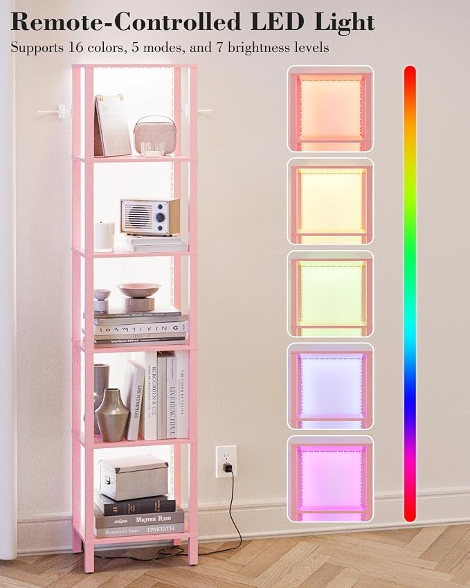 Open Book Shelf with LED Lights, 6 Tier Tall Bookshelf, Freestanding Shelf Narrow Bookcase with Open Shelves, 14.57" x 10.63" x 65.83", Book Shelves for Living Room, Office, Study, Pink