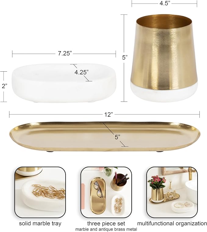Kate and Laurel Koni Modern Glam Three-Piece Tabletop Organization Set; 12 x 6 x 5; White Marble and Gold; Marble and Metal Organizational Set for Office or Entryway Decor