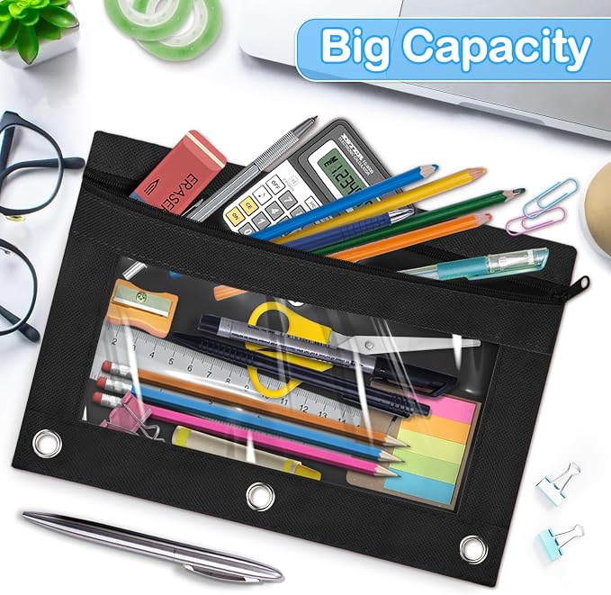 72 PCS 3 Ring Pencil Pouches Bulk in in Black, School Classroom Supplies | Pencil Pouch for 3 Ring Binder, Zipper Pencil Pouches with Clear Window for Classroom Office School Supplies