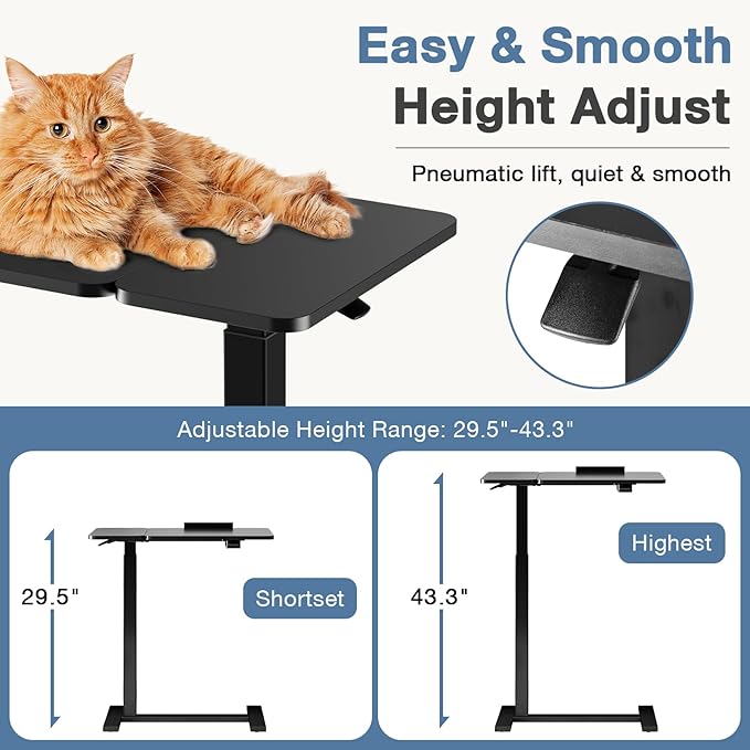 DUMOS Adjustable Bedside Overbed Table with Wheels, Black | Laptop Standing Desk with Tilting Top Height, Mobile Rolling Computer Cart for Hospital Home Bedroom Use