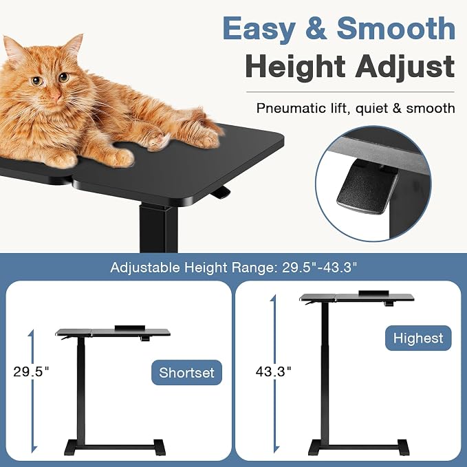 DUMOS Adjustable Bedside Overbed Table with Wheels, Black | Laptop Standing Desk with Tilting Top Height, Mobile Rolling Computer Cart for Hospital Home Bedroom Use