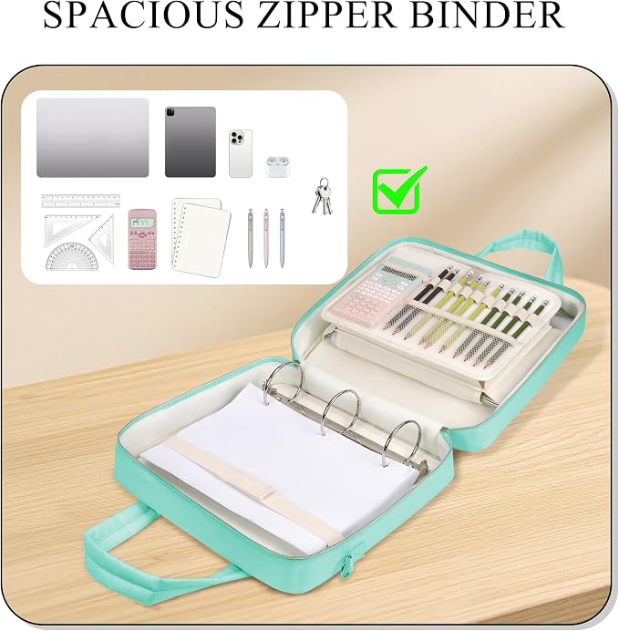 Zipper Binder | 3 Inch O-Ring, 600 Sheet Capacity Trapper Keeper with Shoulder Strap & Handle, Binder Bag with Multiple Storage Pockets, Fits 13" Laptop (Mint Green)