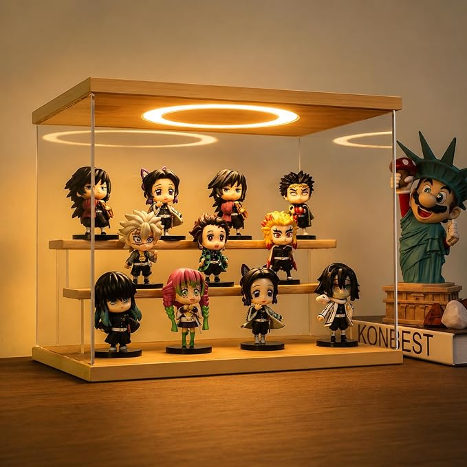 Acrylic Display Case with Adjustable LED Light, 3 Tier Clear Display Box Dustproof Showcase for Action Figures, Collectibles and Mini Toys, Assembly Display Cabinet(Wood 12.5×6.7×9in)