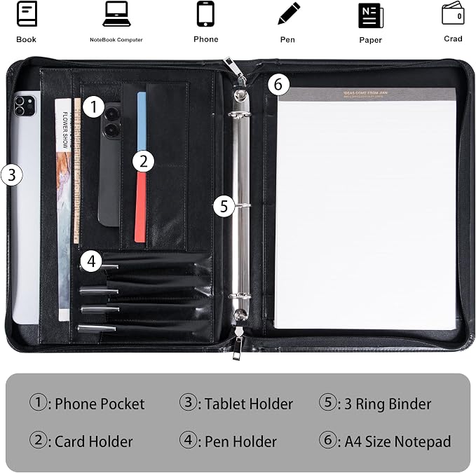 Black Vegan Leather Binder Portfolio for Women and Men,3 Ring Portfolio Binder with Zipper, A4 Planner Padfolio with Laptop Pocket,Legal Size Folio,Work padfolio Organizer for Women