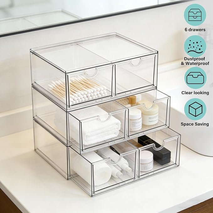 Prsildan 6 Small Drawers Stackable Storage Drawer Clear Acrylic Organizer | Makeup Organizers, Vanity Bathroom Kitchen Cabinets Under Sink Home Organization, 3 Pack