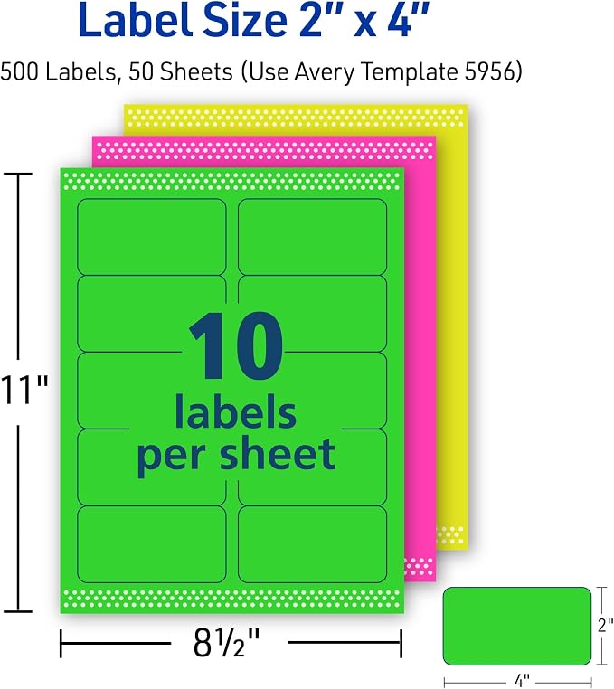 Avery Printable Shipping Labels with Sure Feed, 2" x 4", Neon Green, Laser & Inkjet Compatible, 500 Blank Labels Total, Great for Branding, Mailing, Organizing, and More (5956)