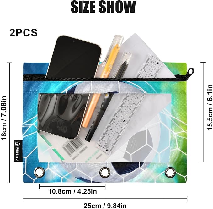 Soccer Ball Football on Field Pencil Pouch for 3 Ring Binder, 2 Pack Waterproof Pencil Bags Clear Window Pencil Case Zipper School Office Supplies