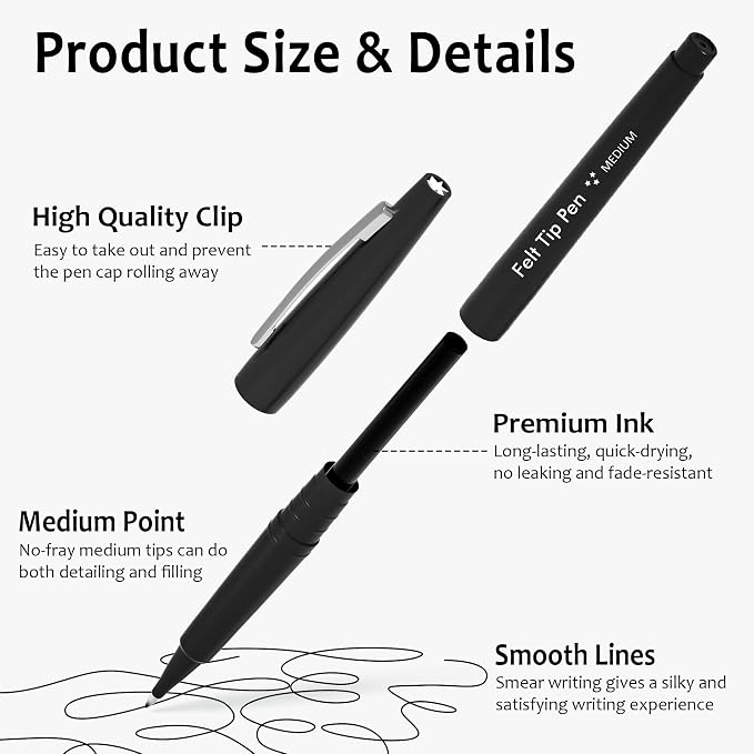 Lelix Felt Tip Pens, 40 Black Pack, 0.7mm Medium Point, Felt Tip Markers Pens for Journaling, Writing, Note Taking, Planner, Perfect for School Office and Art Supplies