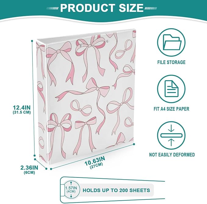 3 Ring Binder 1.5 Inch Pink Ribbon Bows Love Clipboards Binders with Interior Pockets Round Ring Binder for Office Supplies and School