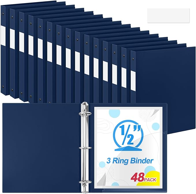 Henoyso 48 Pcs 3 Ring Binder 0.5 Inch Round Fits Letter Size 8.5'' x 11'' Paper Plastic Flexible Binder Bulk Holds 140 Sheets with 1 Pockets Versatile Organizer for Home Office School (Navy Blue)