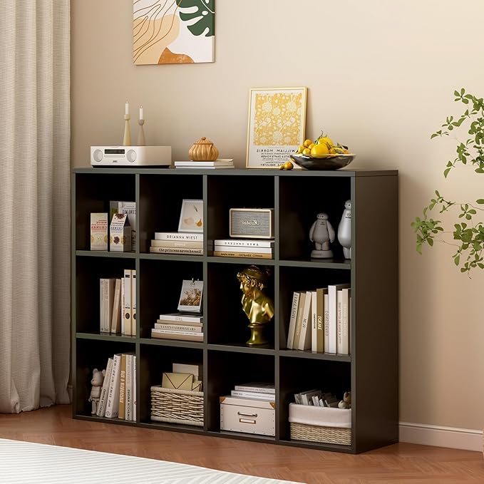 12-Cube Storage Shelf Bookcase, Black | Wooden 3-Tier Open Bookshelf, Fits 11×11" Bins, Vertical or Horizontal Use, Full Back Panels, For Home Office
