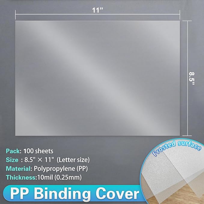 Rayson Frosted Binding Covers - 10 mil Polypropylene (PP) Matte Finish, 8.5" × 11", Durable Un-Punched Plastic Binding Covers, 100/Pack (PP25100MT)