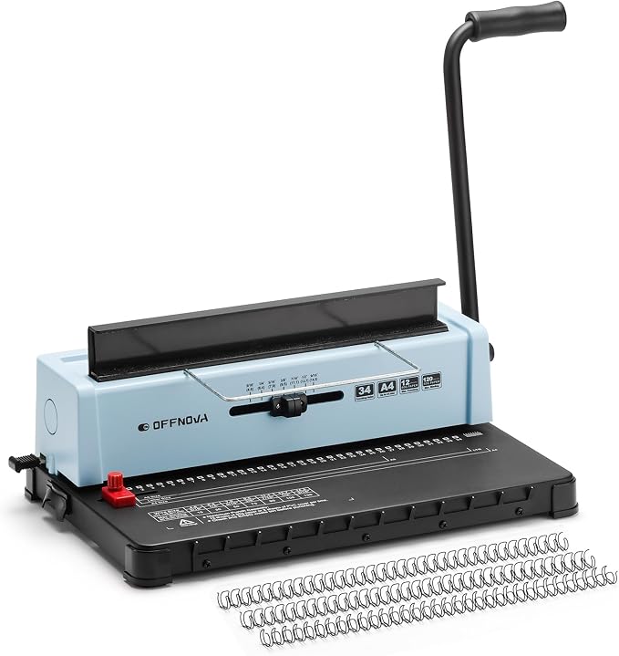 OFFNOVA Wire Binding Machine, 34 - Square Punch Holes, 3:1 Pitch, Punch 12 Sheets Bind 120 Sheets, Book Binder with Adjustable Side Margin, Easy to Punch for Letter Size / A4 / A5