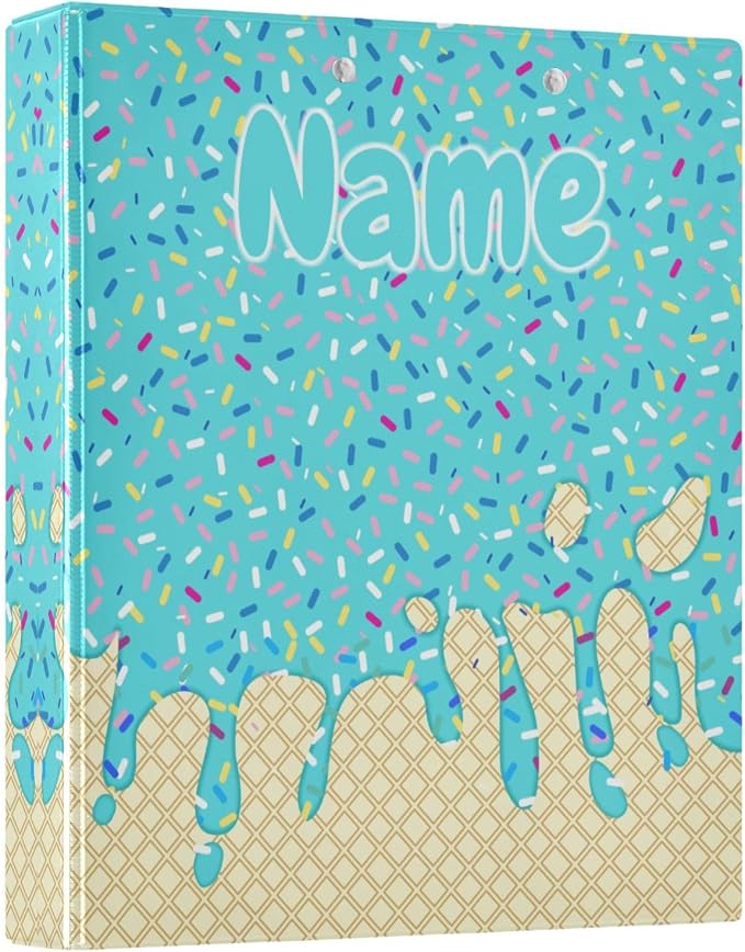 Custom 3 Ring Binder Teal Blue Ice Cream Print 1.5" Round Ring Binders Personalized Name View Binder with 200 Sheet for Kids School Supplies Women Men Office, 1 Pack