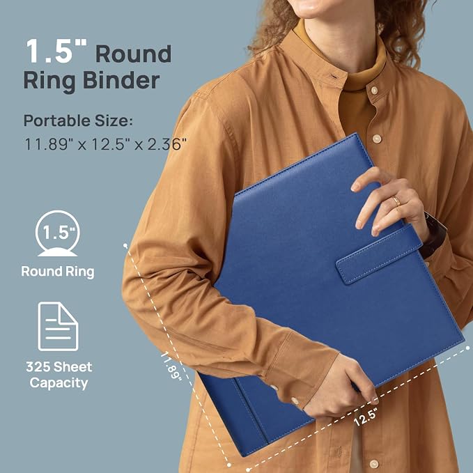 POPRUN 1.5 Inch PU Leather Portfolio Binder, Letter Size, Blue | 1.5" Ring, Letter Size, PU Leather, Dividers, Card Slots, Storage Pockets, Business, Office