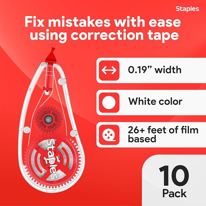 Staples Correction Tape, White, Sidewinder Applicator, 10-Pack