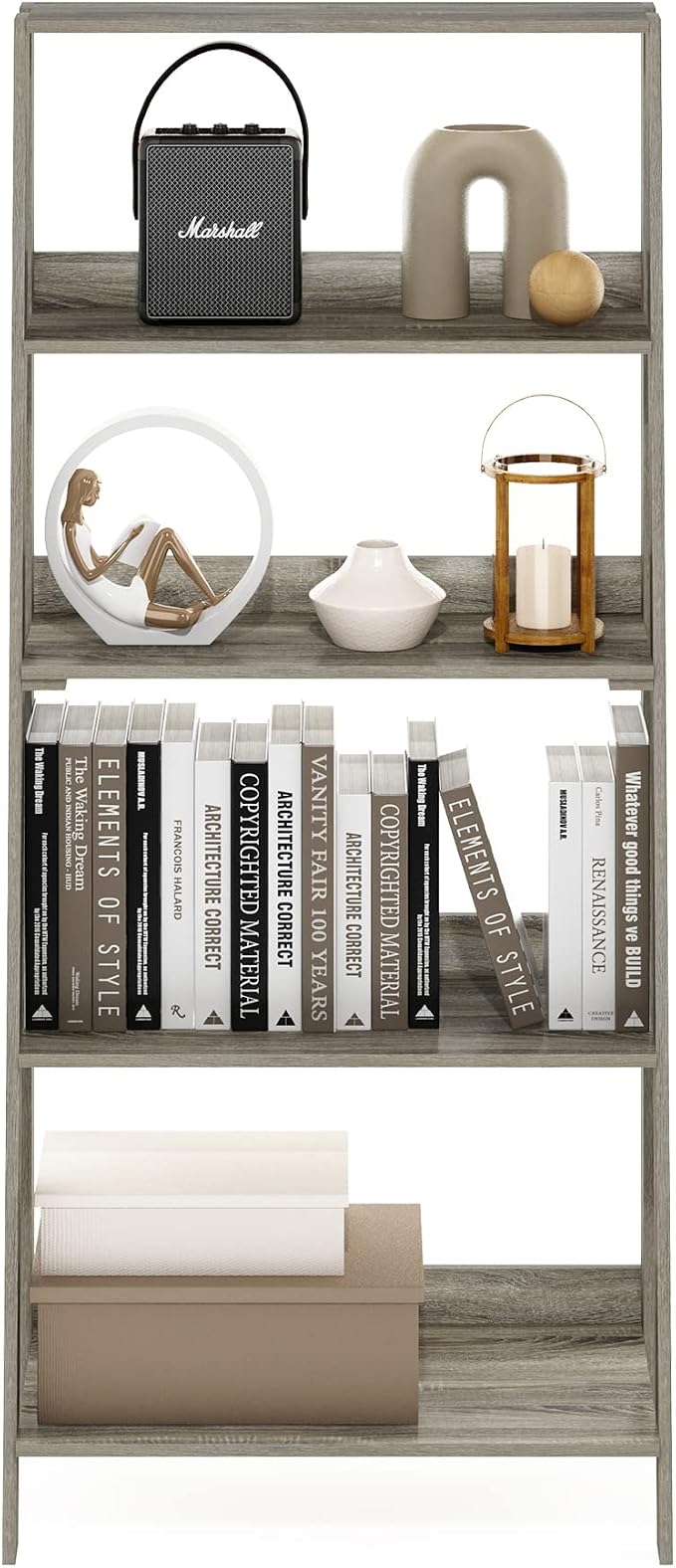 Furinno Ladder Bookcase Display Shelf, 5-Tier, French Oak | 13 x 23.6 x 53.5, Open Frame Design Bookshelf, Display Storage Shelves, for Living Room, Home Office