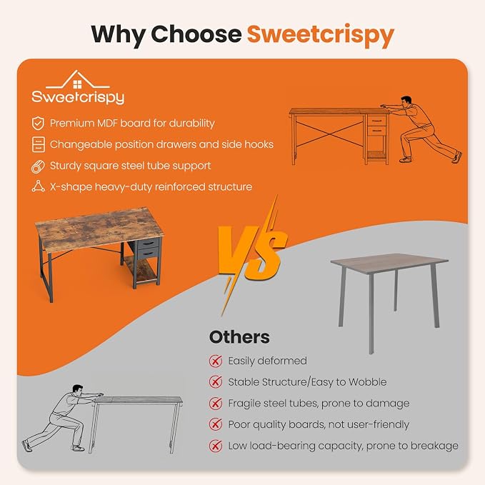 Sweetcrispy 40-Inch Computer Desk with Drawers, Office Desk, Brown | Small Desk for Bedroom Home Office with Side Hook, Modern Simple Desk with Storage for Writing