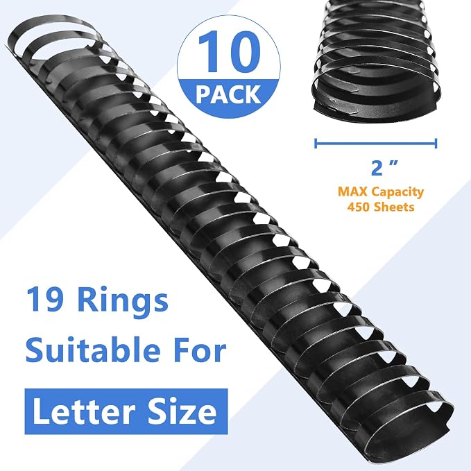 HOUYEE 10 Pack 2 Inch Plastic Binding Combs,19 Rings, 450 Sheets Capacity | 51mm Comb Binding Spines, Extra Large Binder Combs for Letter Size, for Office School Use, Black
