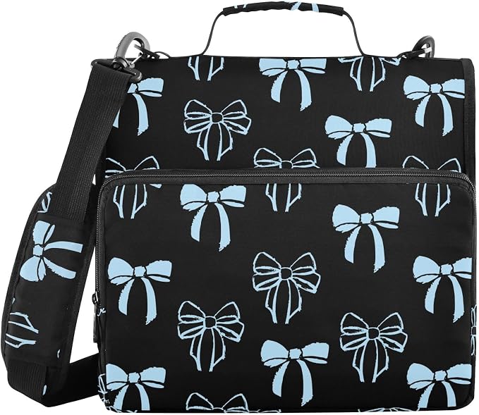 Bow Knot Blue Black Zipper Binder with Shoulder Strap Bag 3 Ring Binder Organizer Large Capacity Multiple Compartments for School Office