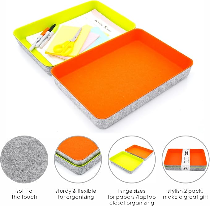 2-piece Office desk drawer organizer tray letter-size documents A4 paper book file Folder Holder storage bins (Orange + Green)