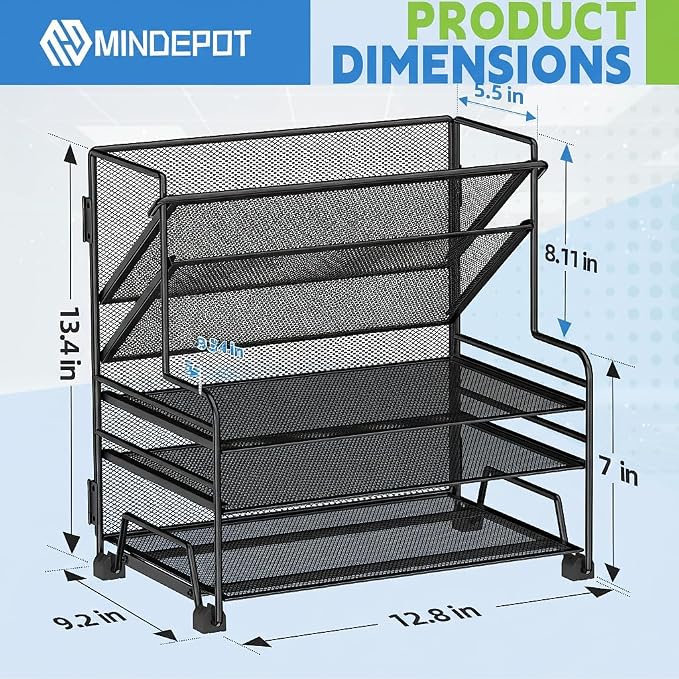 MINDEPOT 4-Tier Paper Organizer + 3-Pocket File Holder, Desktop File Organizers Paper Tray for Office School Classroom Workspace Organization (Black Desk Organizer, No Drawer & No Pen Holder)