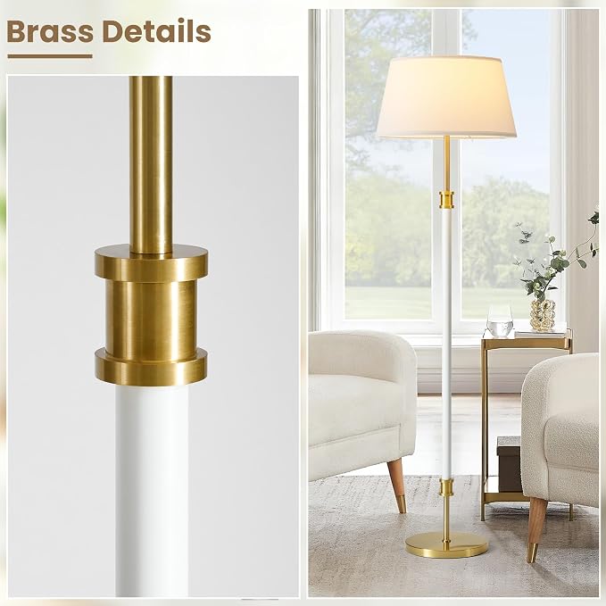Modern Mid Century Floor Lamp with Soft Linen Shade, 63” Tall White & Brass Standing Lamp, Weighted Base, Warm Ambient Light for Living Room, Bedroom & Reading Corners (White & Gold)