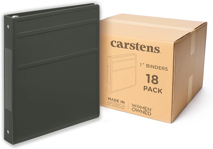 Carstens 1-Inch Heavy Duty 3-Ring Binder - Side Opening, Charcoal Gray, Durable Plastic, No-Gap Rings, Waterproof Cover, No Pockets, Holds 125 Letter Sheets, BPA-Free, Made in USA (8710-3R) Case of 18