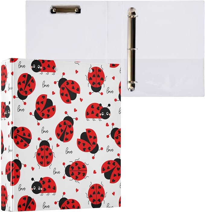 Love Quote Ladybugs Cute Ladybug Binder 3 Ring 1.5 Inch Binder with Clipboard&Pockets, Hardcover Binders Heavy Duty Large File Folder for Office School Supplies - Holds 200 Sheets