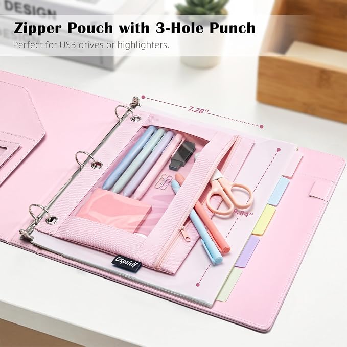 Ospelelf Pink Leather Binder with Magnetic Clipboard, 1 Inch Binders 3 Ring with Storage Zipper Pouch, Pocketed Dividers, Professional Clipboard Folder for School Office Nursing