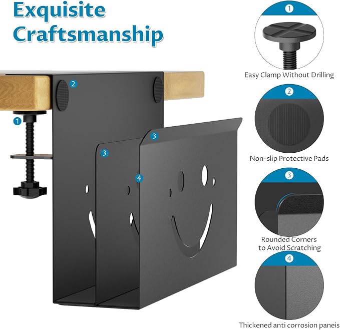 Onemake Desk Side Storage, Funny Smile No Drill Laptop Holder, Clamp on Desks Shelf with Magnetic Pen Holder, Hanging Desk Organizer for Home Office, Fits Flat Edge Tables 0.4" to 2.3"
