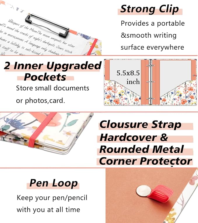Mini Binder Organizer，1 Inch 3 Ring Binder with Clipboard, 5-Tabs Pockets Dividers, Plastic Folder, 18 Divider Stikers, Pen Loop (Flora, 5.5" x 8.5")