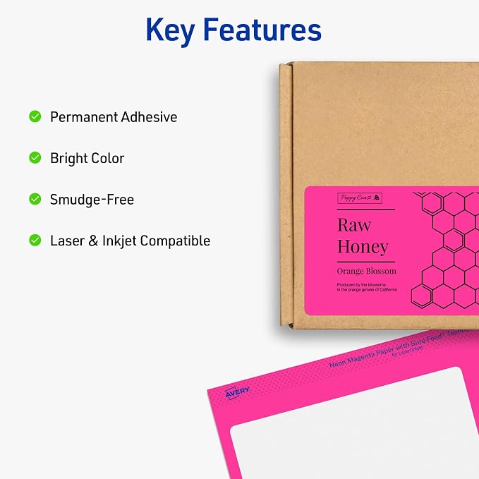 Avery Printable Shipping Labels with Sure Feed, 2"x 4", Assorted Neon Colors (Magenta, Green, and Yellow), Laser & Inkjet Compatible, 1,000 Blank Labels Total (5964)