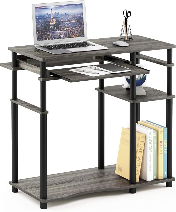 Furinno Abbott 31.5 Inch Desk with Keyboard Tray, Grey Oak | Easy Assembly, Storage Shelf, Computer Desk, Gaming Desk, Writing Desk for Dorm, Bedroom, Study Room
