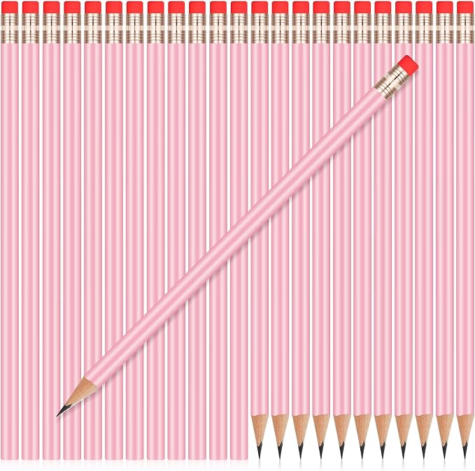 Outus 24 Pieces Round Pencils Cute HB Graphite Wood Pencils Bulk with Eraser for School Writing Drawing Sketching Wedding Office Supplies(Light Pink)