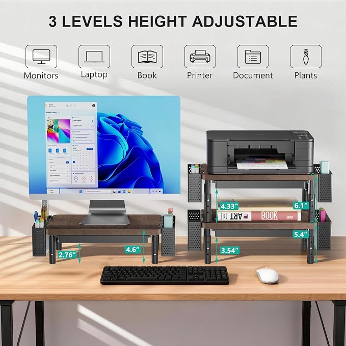 WALI Plastic Computer Monitor Stand with Storage, Desk Organizer with Drawer and Pen Holder, Desk Monitor Riser 3 Height Adjustable, Laptop Riser for Computer, Laptop, Printer(PTT003-C), 1 Pack, Brown