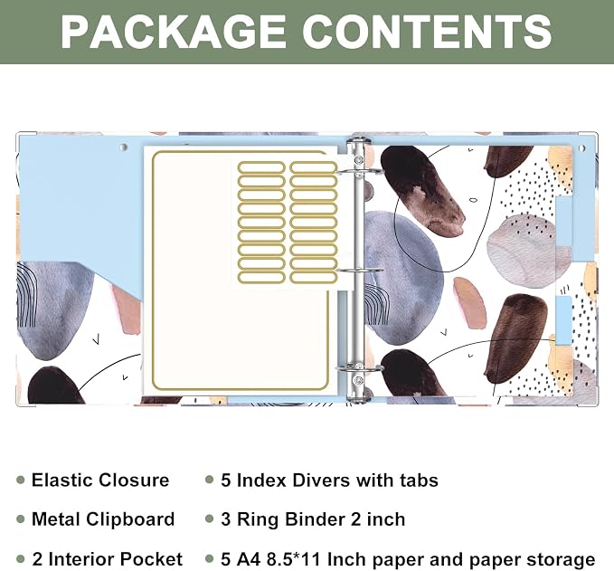 Rouidr 3 Ring Binder, 2 Inch Round Ring Binder Organizer with Clipboard, 5 Dividers Tabs, A4 8.5 x 11 Inch Paper & Clear Sleeves for School, Office Supplies, Minimalist Art