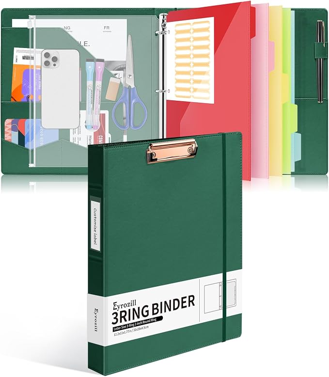 Eyrozill Professional Leather Binder Portfolio with Clipboard, Zipper Pouch, 5 Sheets Plastic Dividers，Professional 3 Ring Binders 8.5 x 11, 1-inch Round Rings, Green