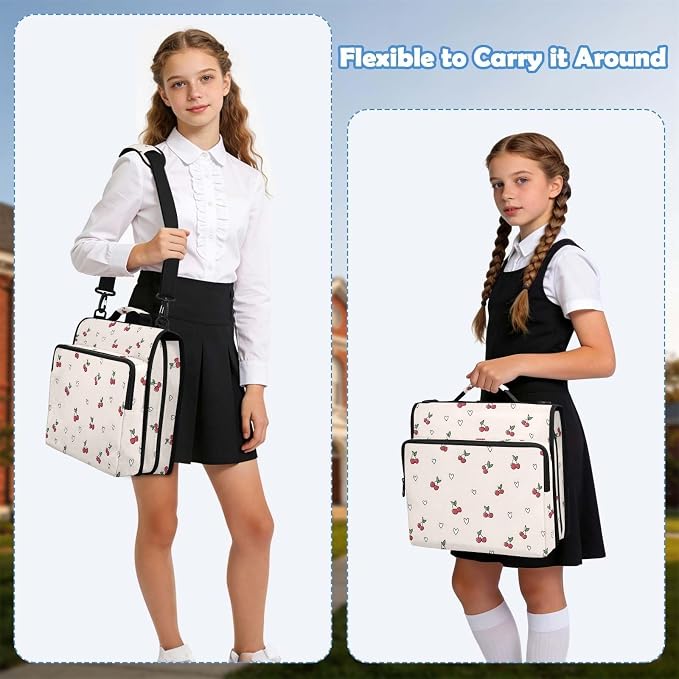 Cute Cherry Heart Pattern Zipper Binder 3 Ring with Handle and Shoulder Strap, 500 Sheet Binder Organizer Capacity & Multi-Pockets for School Office