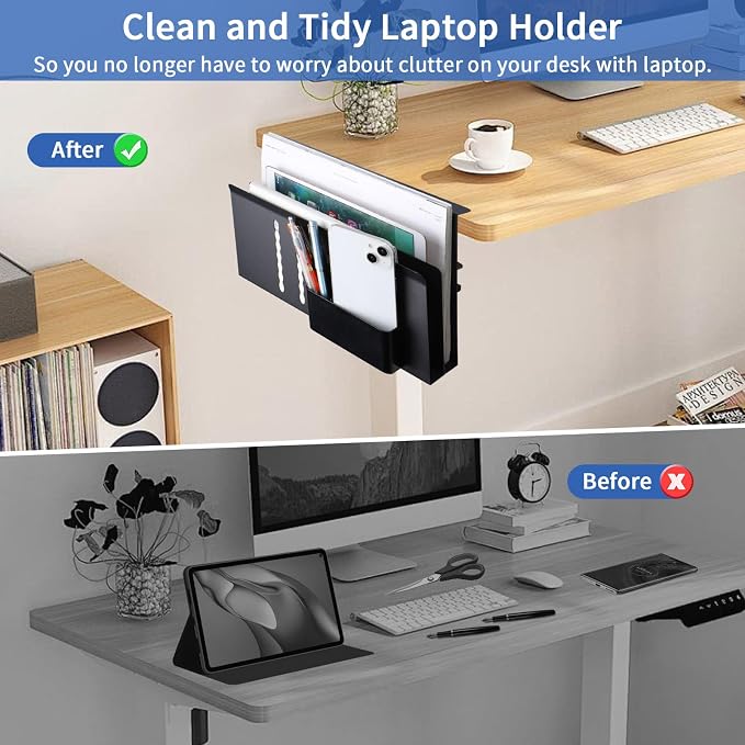 LUKETURE Desk Side Storage, 2 Tie Laptop Holder No Drill Clamp On Organizer | Steel Side Desk Organizer, Clamp on Laptop Mount with Pen Holder, Hanging Storage for Home Office, Fits 0.3" to 2.8"