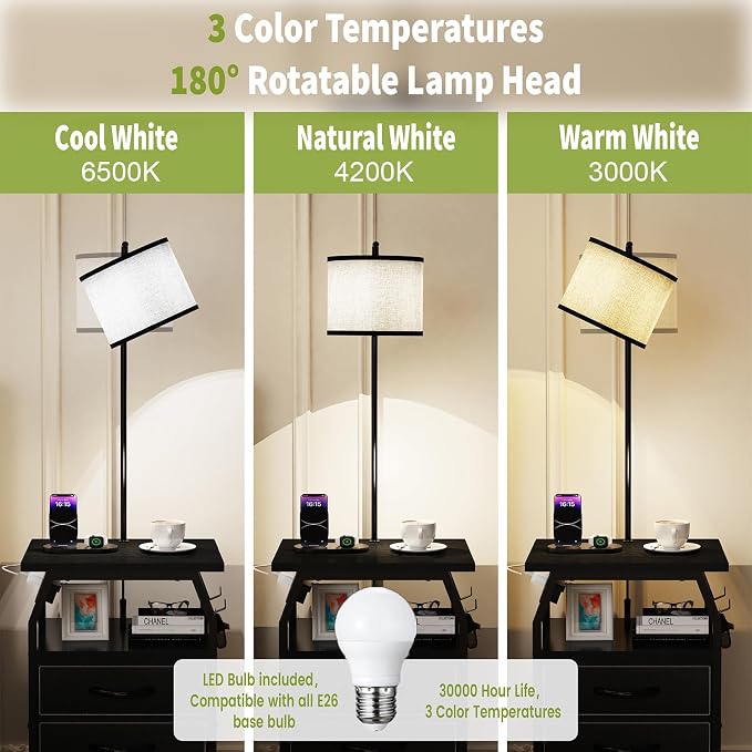 runjuly Floor Lamp with Table Set of 2, End Tables with Lamps Attached 3-Color Temperature Bulb, Side Table with Lamp with 3 Drawers & Charging, Lamps Tables Combo for Bedroom, Dorm - Black