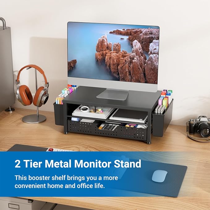 Monitor Riser, Laptop Stand for Desk, Office Desk Organizer and Accessories, Computer Monitor Stand, Desktop Shelf with Drawer and Pen Holder, Printer Stand for Home, Office, Dorm (Black)