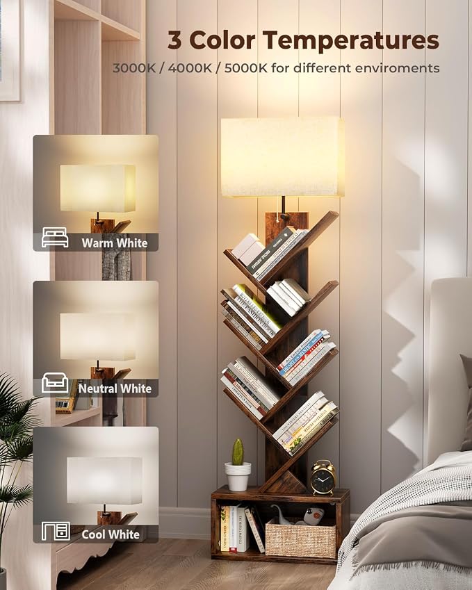 Evermagin 6 Tier Tree Bookshelf with Light, Bookcase, Remote Control | Rustic Brown Small Book Tower, Storage Cabinet for Book Organization, Floor Standing for Living Room, Bedroom & Home Office