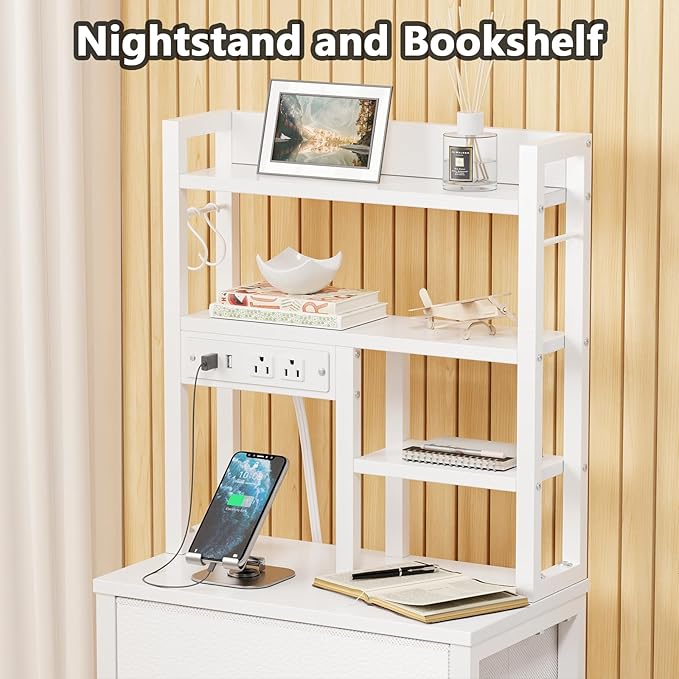 Tall Night Stand, 52.1" LED White Nightstand with Charging Station | LED Lights & USB Ports & type-C, 4 PVC Fabric Drawers and 4-Tier Storage Shelf, Bedside Table for Bedroom, Dorm