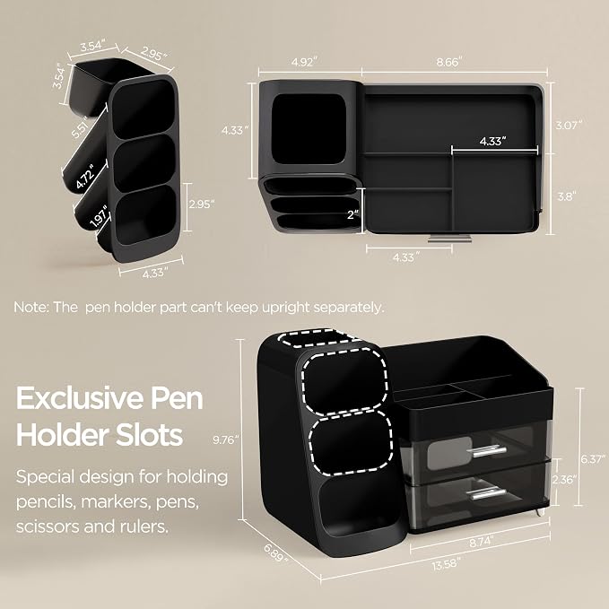 HBlife Desk Organizer with Pen Pencil Holder for Desk, Pen Organizer with 2 Drawers, Desk Organizers and Accessories with 4 Compartments, Desktop Storage for Office Home School Art Supplies, Black