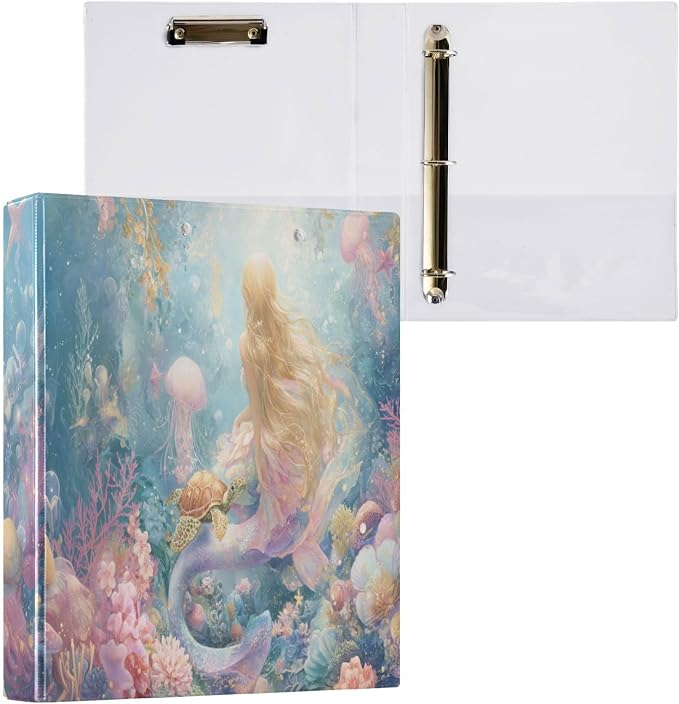 Beautiful Mermaid Coral Round Ring Binders 1.5 Inch 3 Ring Binder with Clipboard Holds 200 Sheets Office Home School