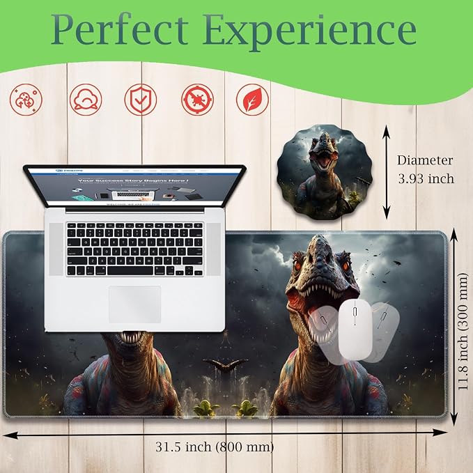 Extended Gaming Mouse Pad 31.5" x 11.8", with Edge Stitching, Non-Slip Rubber Base Keyboard Pad, Suitable for Work, Game, Office, Home and Coasters, Dinosaur