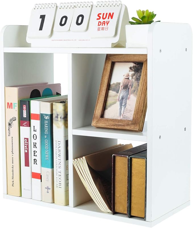 Desktop Shelf Freestanding Wood Small Bookshelf Desk Supplies Organizers and Accessories Storage Display Rack Office Decor for Women, White