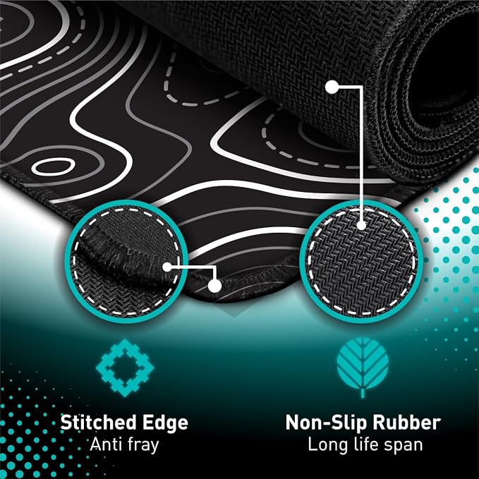 Pixiecube Minimalist Topographic Map Mouse Pad - Contour Extended Large Stitch Edge Mousepad. Black & White Non-Slip XXL Gaming Desk Mat